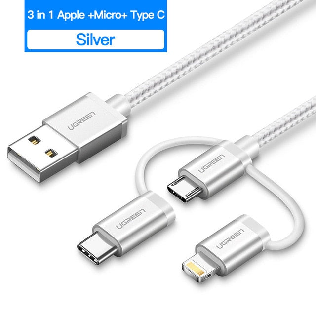 Alpha Charge 3 in 1 USB Cable for iPhone, Micro USB and Type C Cable